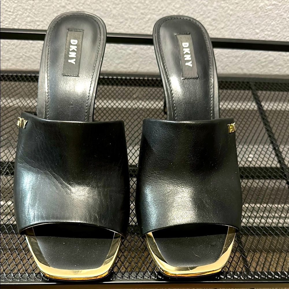 DKNY Black and Gold Mules with Chunky Heel